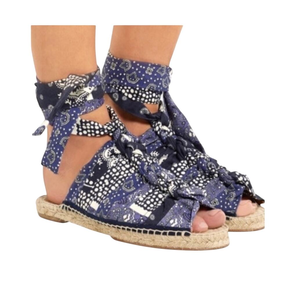 Chloe Bandana Scarf Print Wrap Espadrille Sandals Navy Blue White Boho EU 35